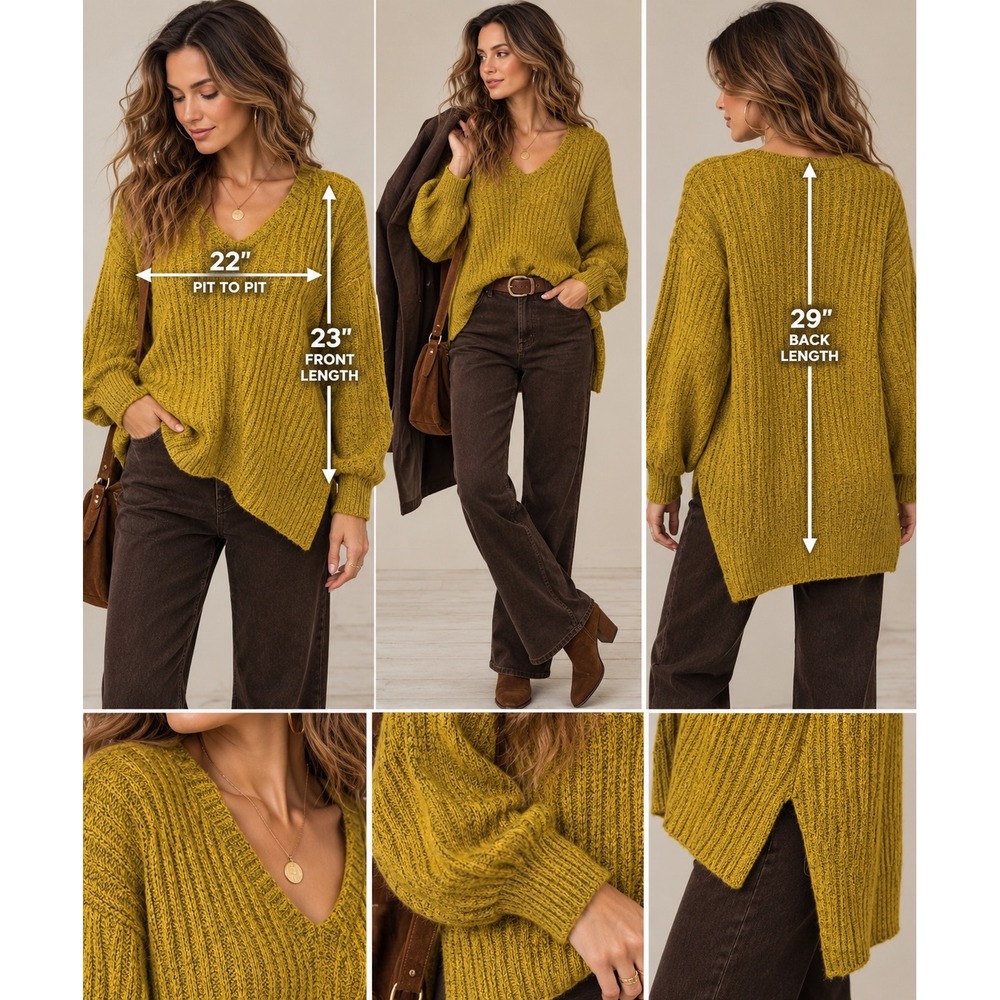 Mustard Marled V Neck Sweater L Oversized Balloon Sleeve Boho 70s High Low Fall